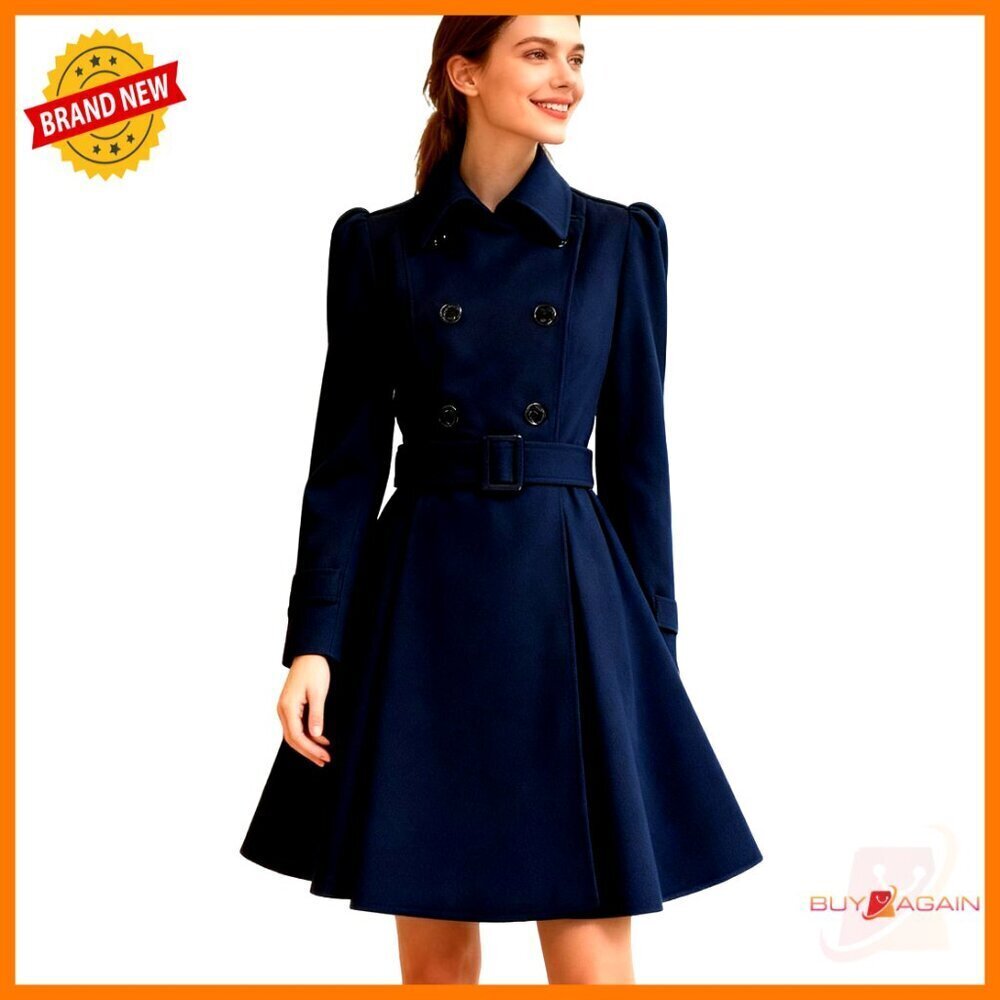 Wool Pea Coat Double Breasted Belted Swing Fit Classic Elegant Outerwear